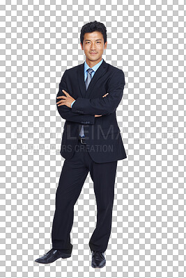 Buy stock photo Asian, portrait and business man with arms crossed standing isolated on transparent png background. Confidence, professional or executive, person or serious entrepreneur from Japan with pride for job