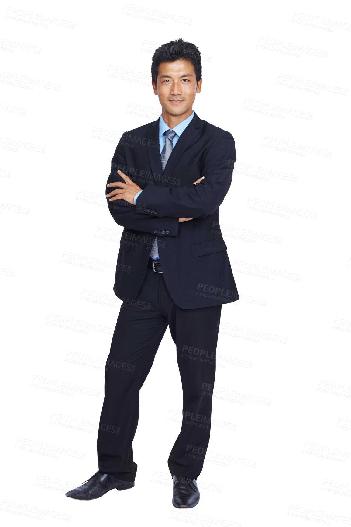 Buy stock photo Asian, portrait and business man with arms crossed standing isolated on transparent png background. Confidence, professional or executive, person or serious entrepreneur from Japan with pride for job