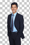 Happy asian, businessman or portrait on isolated on a png background for financial growth idea, innovation or vision. Smile, manager or corporate leadership on studio mockup, about us or profile picture