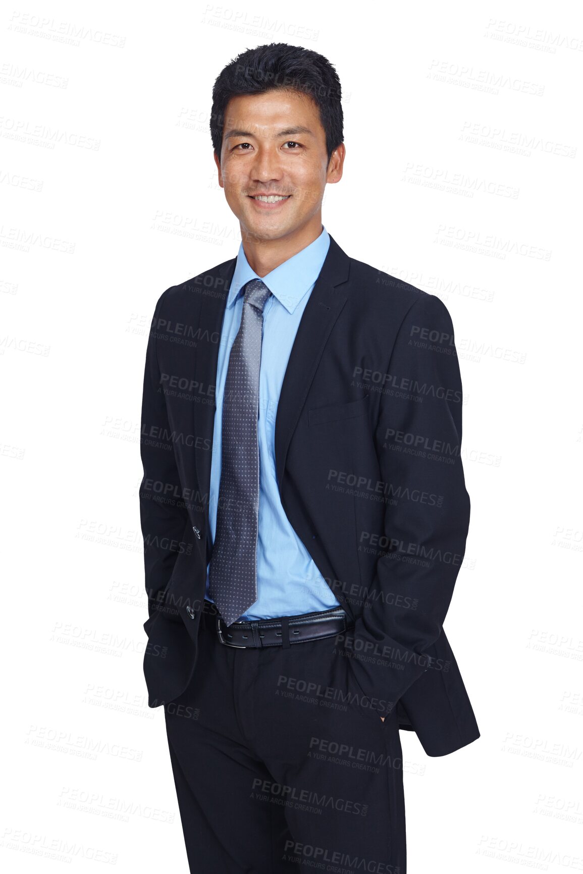 Buy stock photo Portrait, Asian smile and business man standing isolated on a transparent png background. Confidence, professional and executive, person and happiness of entrepreneur from Japan with hands in pocket.