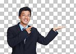 A Businessman portrait, pointing or hand palm for finance investment or insurance deal. Smile, happy worker or corporate asian showing marketing space or advertising moc up isolated on a png background