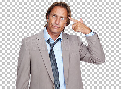 Buy stock photo Portrait, hand gun or businessman pointing to head for a stupid mistake, job ideas or bad mental health. Crazy stress, depression or tired employee thinking isolated on transparent png background