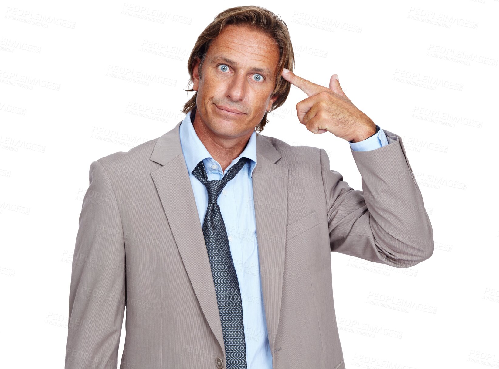 Buy stock photo Portrait, hand gun or businessman pointing to head for a stupid mistake, job ideas or bad mental health. Crazy stress, depression or tired employee thinking isolated on transparent png background