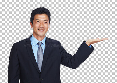 Buy stock photo Asian businessman, isolated portrait or hand in finance investment, loan or insurance deal. Smile, corporate CEO or happy worker showing marketing, logo or advertising on transparent png background