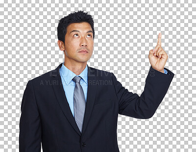 Buy stock photo Asian businessman, hand or pointing up to finance investment, loan or insurance deal offers. Finger, hand or Japanese worker showing marketing or advertising isolated on transparent png background