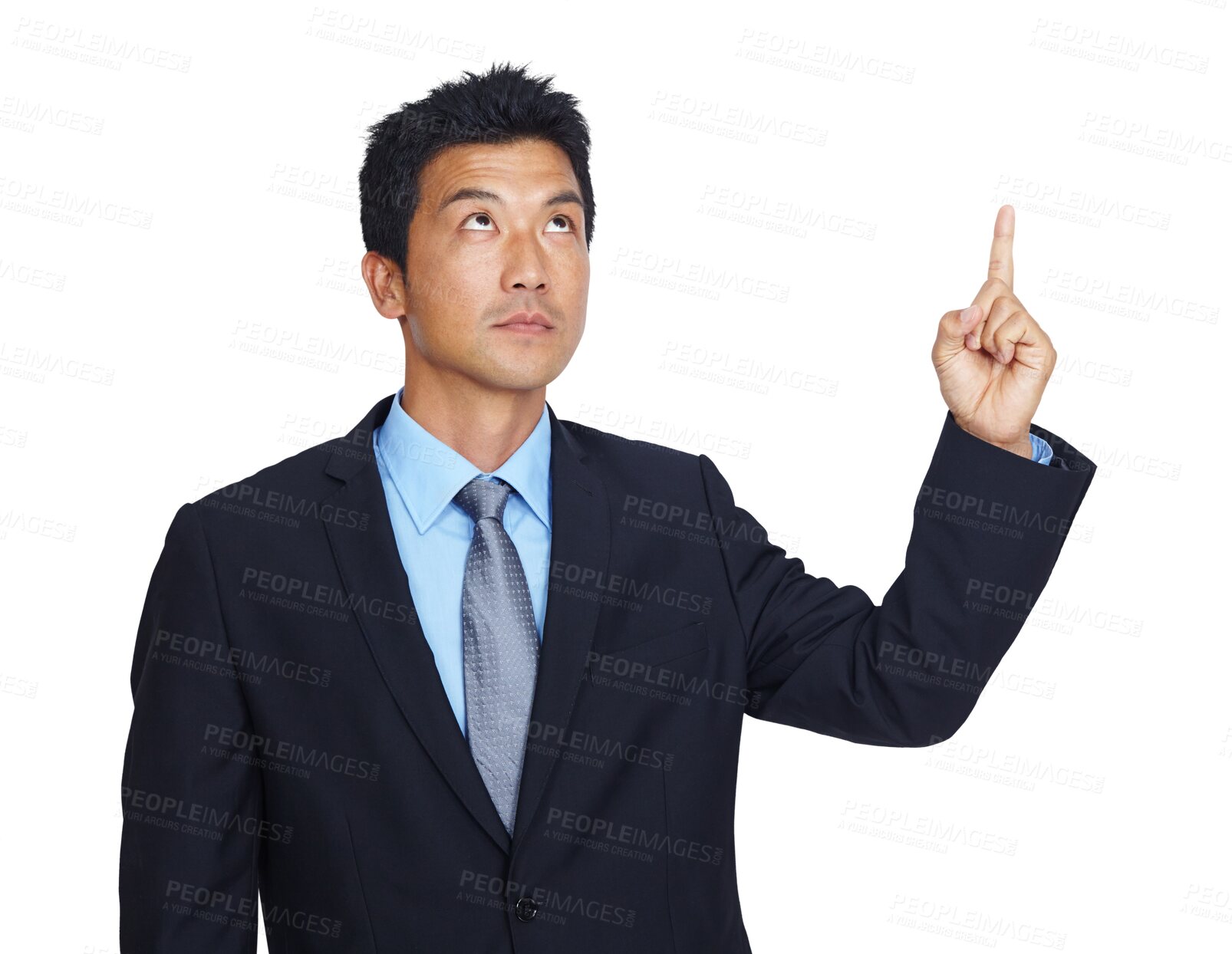 Buy stock photo Asian businessman, hand or pointing up to finance investment, loan or insurance deal offers. Finger, hand or Japanese worker showing marketing or advertising isolated on transparent png background