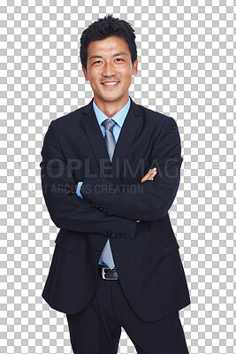 Buy stock photo Portrait, Asian and business man with arms crossed isolated on a transparent png background. Confidence, professional and executive, person and happiness of entrepreneur from Japan with pride for job