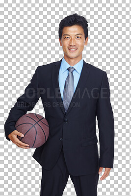 Buy stock photo Portrait, business man and basketball for sports, motivation and isolated on a transparent png background. Happy asian male, manager and holding ball for coaching, training strategy and pride in suit