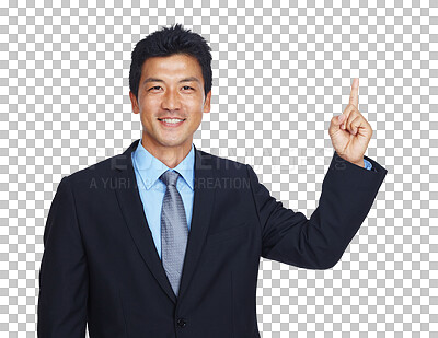 Buy stock photo Happy businessman, portrait or pointing up to mockup for finance investment, loan or insurance deal. Smile, hand or Asian CEO showing marketing, logo or advertising space isolated on png background