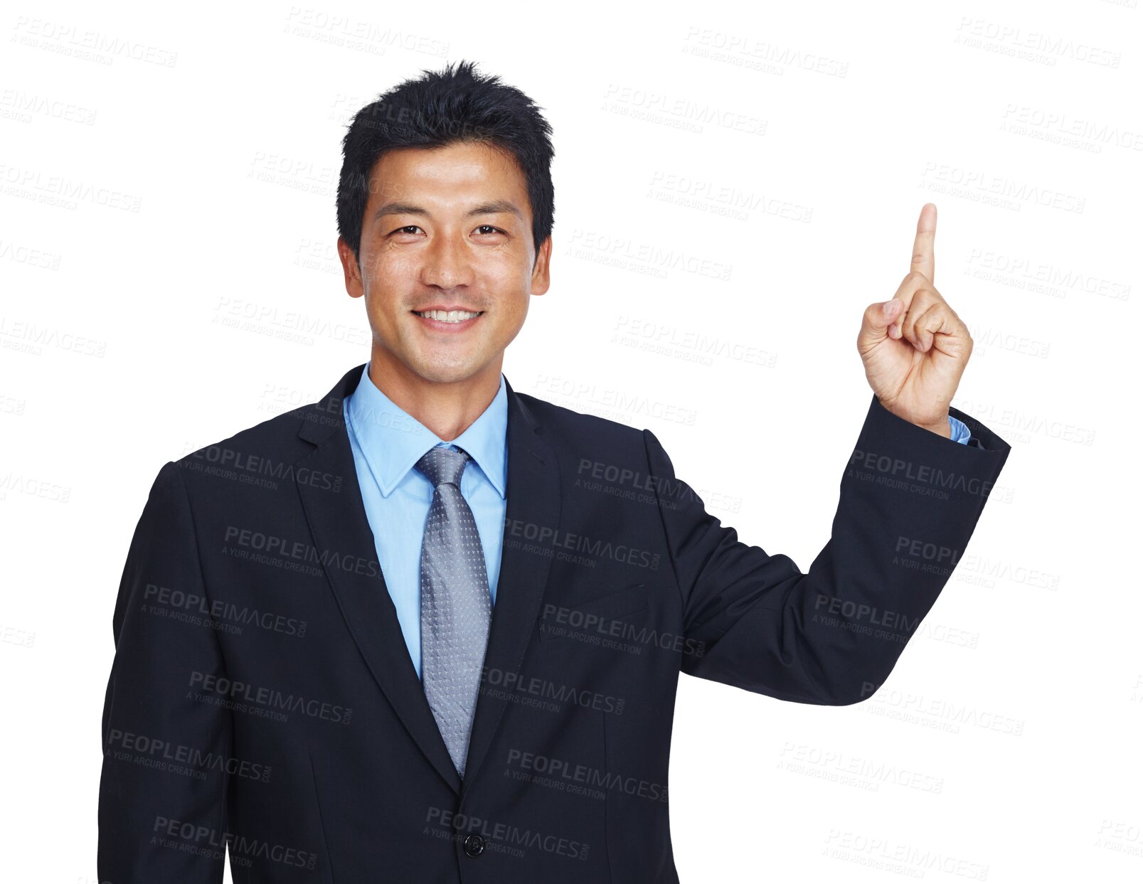 Buy stock photo Happy businessman, portrait or pointing up to mockup for finance investment, loan or insurance deal. Smile, hand or Asian CEO showing marketing, logo or advertising space isolated on png background