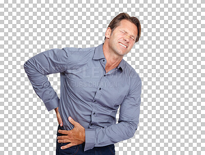 Buy stock photo Back pain, spine injury or businessman with emergency crisis, bruised body or injured employee hurt. Bad, muscle strain risk or stressed worker with backache isolated on transparent png background