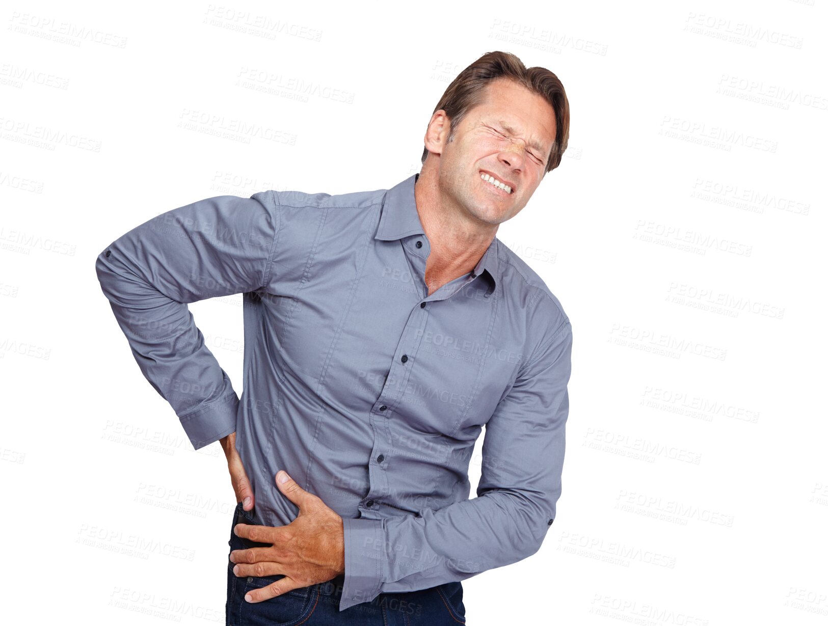 Buy stock photo Back pain, spine injury or businessman with emergency crisis, bruised body or injured employee hurt. Bad, muscle strain risk or stressed worker with backache isolated on transparent png background