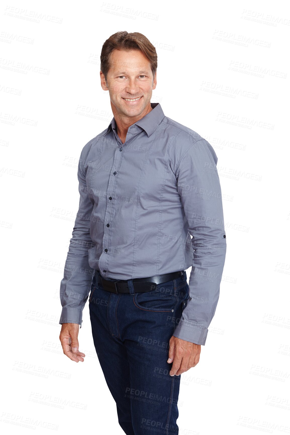 Buy stock photo Portrait, smile or happy businessman with fashion or cool style for a clothing brand isolated on png background. Confident attitude, shirt or mature male model in clothes or outfit with confidence