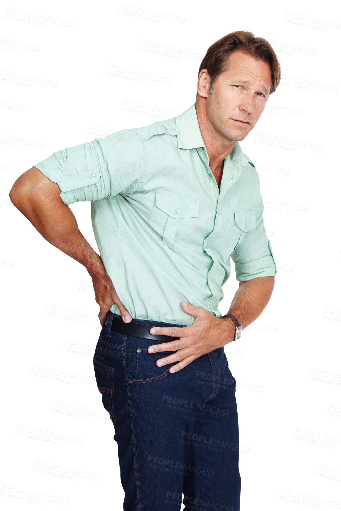 Buy stock photo Portrait, back pain and man with backache injury standing isolated on a transparent png background. Arthritis, spine problem and male person with fibromyalgia, scoliosis or muscle inflammation.