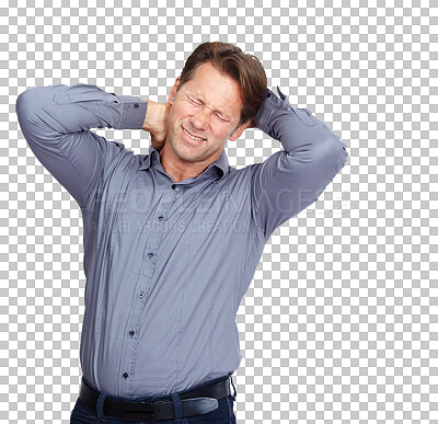 Buy stock photo Neck pain accident, burnout or businessman with emergency crisis or hurt employee in work injury agony. Risk, injured or male worker stressed by muscle strain isolated on transparent png background