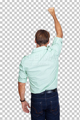 Buy stock photo Winner, fist or back of businessman with success or victory for winning sales isolated on png background. Hand up, transparent or employee with arm in the air for achievement, goals or motivation