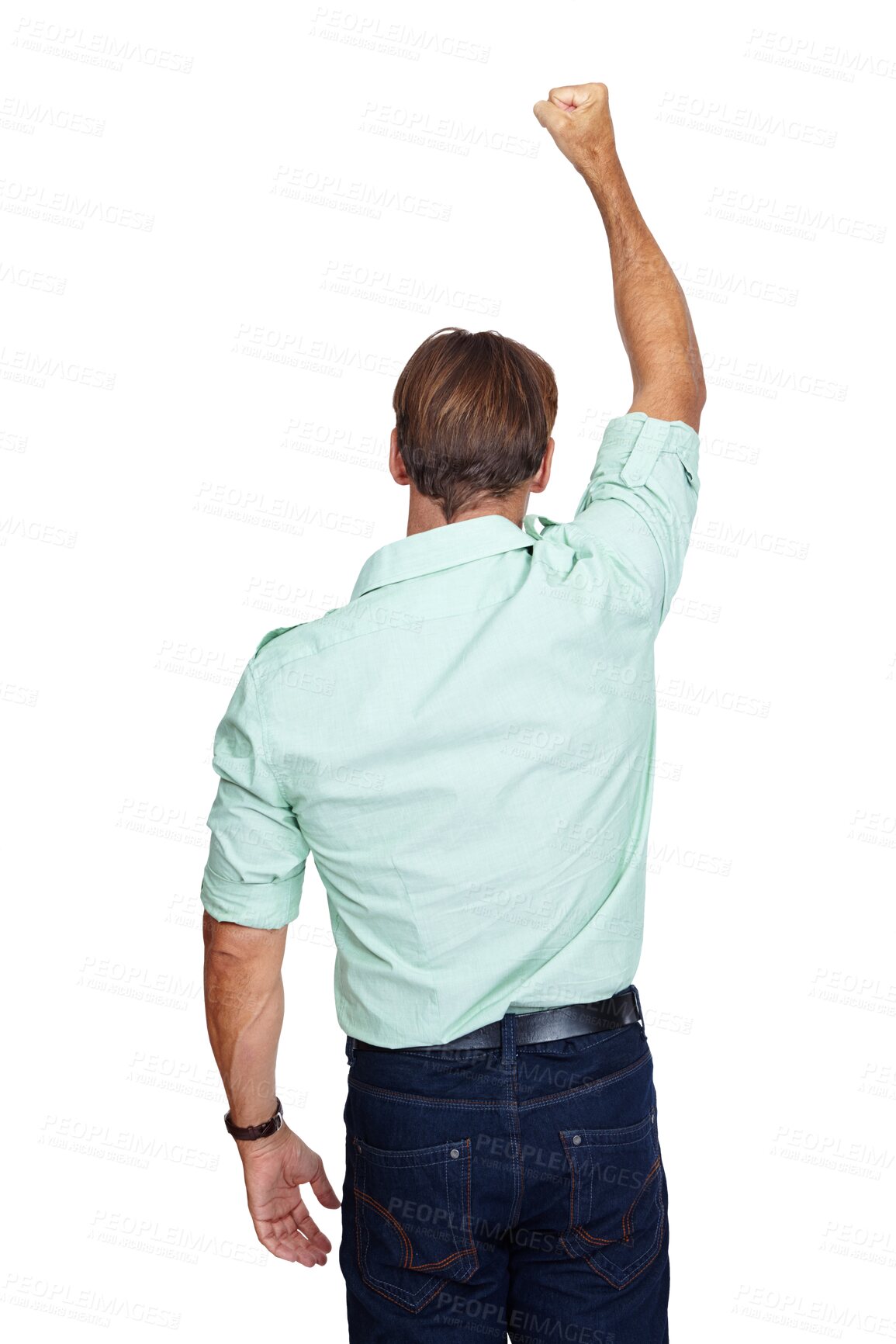 Buy stock photo Winner, fist or back of businessman with success or victory for winning sales isolated on png background. Hand up, transparent or employee with arm in the air for achievement, goals or motivation