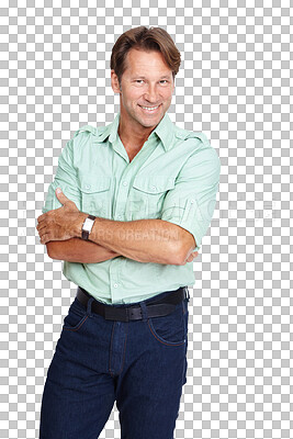 Buy stock photo Portrait, smile and business man with arms crossed isolated on a transparent png background. Mature, professional male and happiness, pride and confident entrepreneur or successful person from Canada