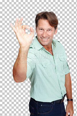 Buy stock photo Smile, portrait and man with ok sign for success isolated on a transparent png background. Hand gesture, happiness and person with excellence emoji for agreement, thank you or okay, yes and vote.