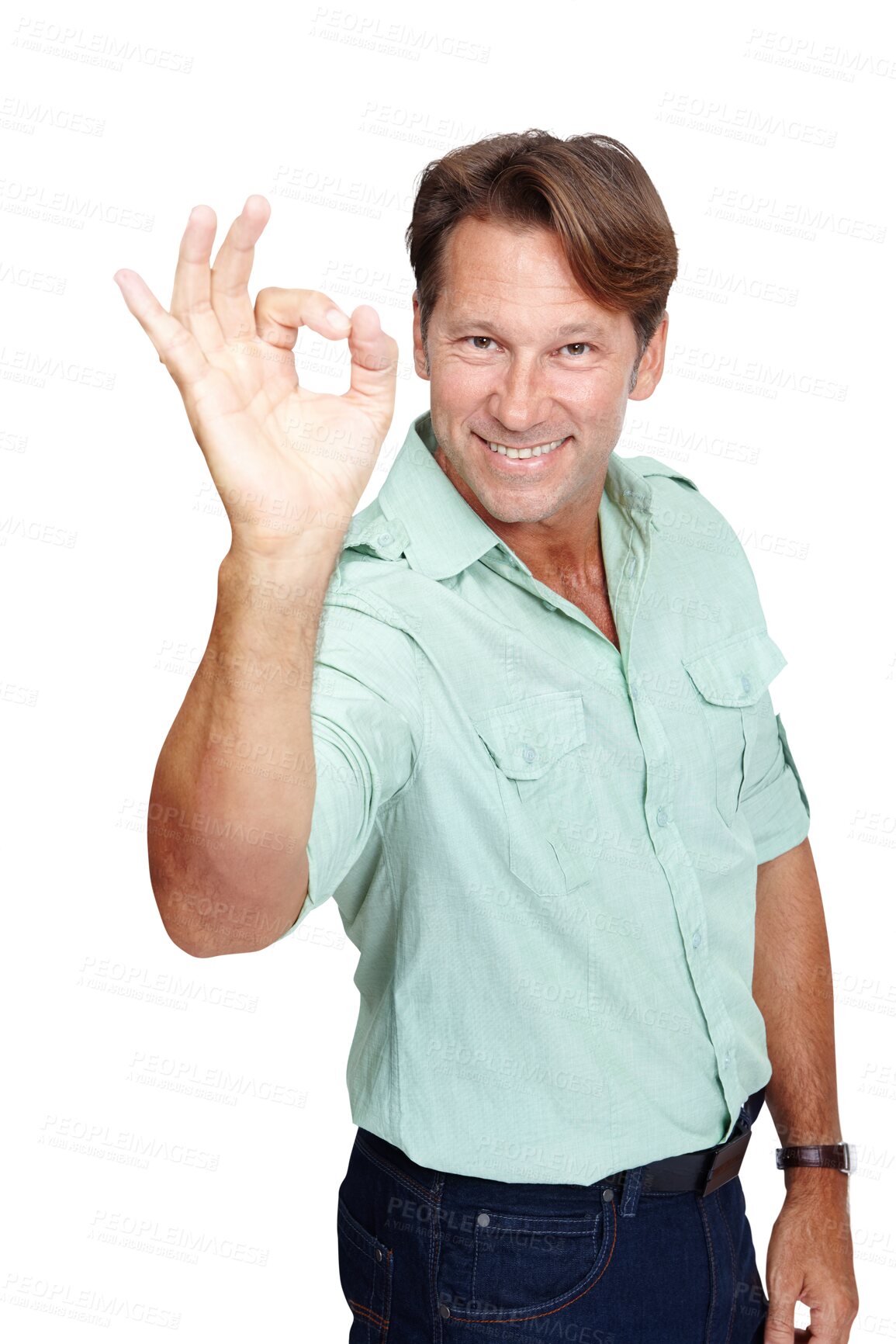 Buy stock photo Smile, portrait and man with ok sign for success isolated on a transparent png background. Hand gesture, happiness and person with excellence emoji for agreement, thank you or okay, yes and vote.