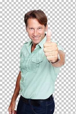 Buy stock photo Smile, portrait and man with thumbs up for success isolated on a transparent png background. Hand gesture, happiness and person with like emoji for agreement, thank you or ok, yes or vote for winner.