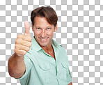 Mature businessman, portrait or thumbs up hands for success, growth or motivation. Face, smile or happy worker with thumb, yes hand gesture or winner good luck on mockup isolated on a png background