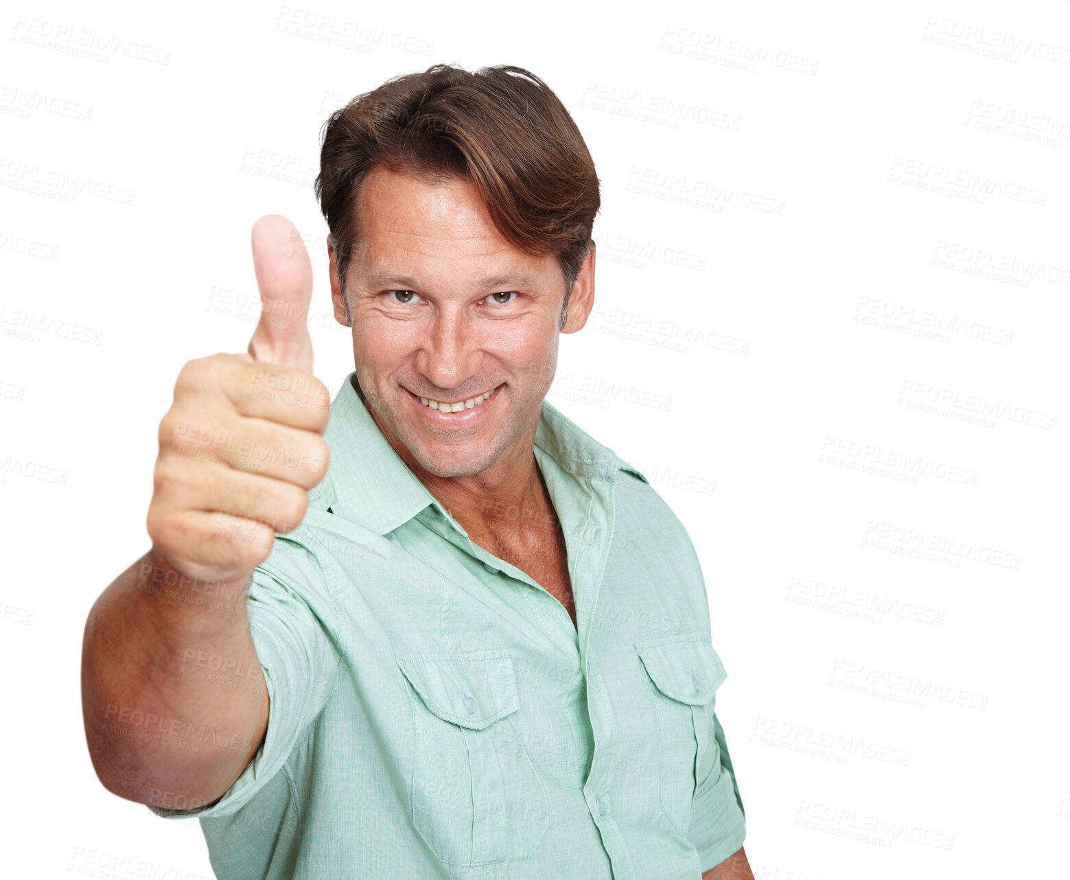 Buy stock photo Portrait, smile and man with thumbs up for success isolated on a transparent png background. Hand gesture, happiness and person with like emoji for agreement, thank you or ok, yes or vote for winner.