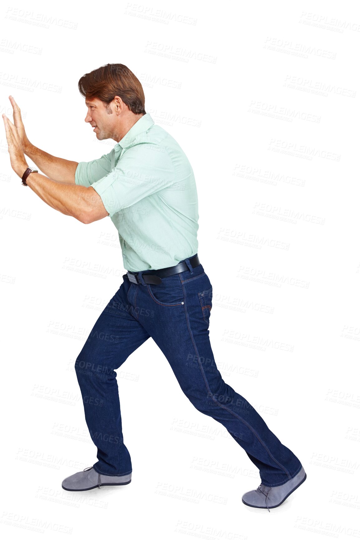 Buy stock photo Obstacle, power or businessman pushing wall with struggle isolated on transparent png background. Stressed male entrepreneur walking to push heavy problem or invisible trouble with physical effort