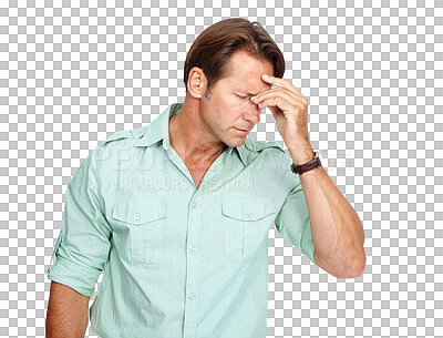 Buy stock photo Stress, depression or tired businessman with headache overwhelmed by thinking of problems, mistake or failure. Burnout, sad or frustrated person overworked and isolated on transparent png background