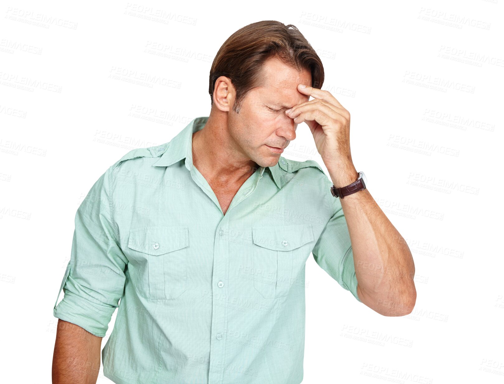 Buy stock photo Stress, depression or tired businessman with headache overwhelmed by thinking of problems, mistake or failure. Burnout, sad or frustrated person overworked and isolated on transparent png background