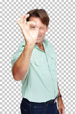 Buy stock photo Portrait, happiness and man with ok sign for success isolated on a transparent png background. Hand gesture, smile and person with excellence emoji for agreement, thank you or okay, yes and perfect.