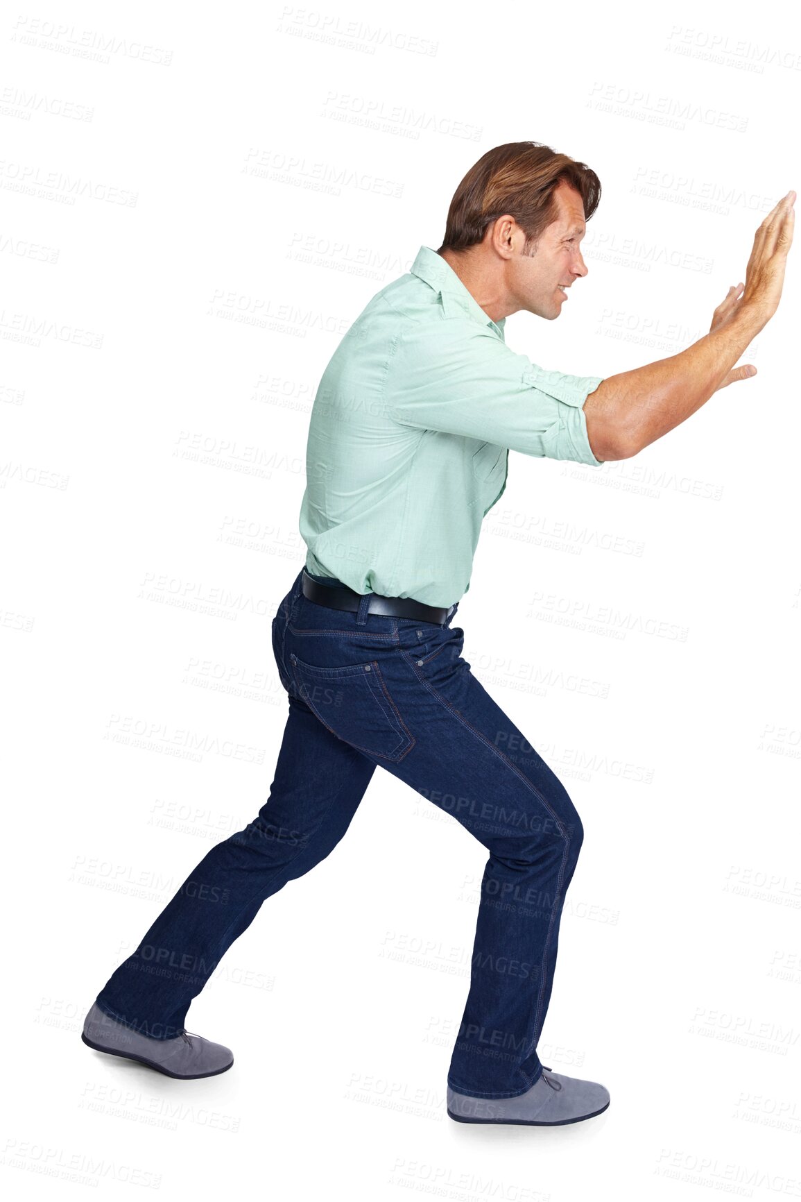 Buy stock photo Challenge, power or businessman pushing wall with struggle isolated on transparent png background. Stressed male entrepreneur walking to push heavy obstacle or invisible trouble with physical effort