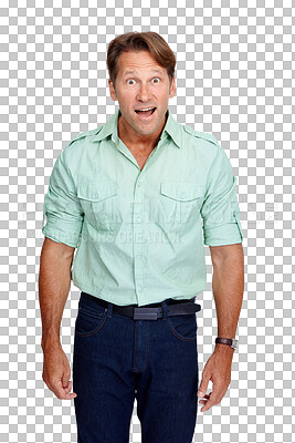 Buy stock photo Wow, surprise or portrait of businessman in shock with a omg, wow or wtf facial expression. Shocked, surprised or happy mature boss surprised by good news isolated on transparent png background