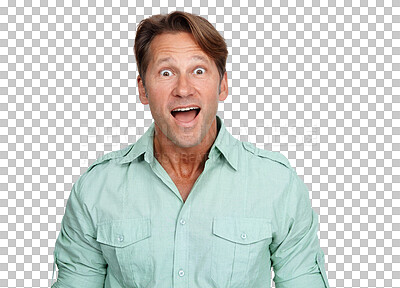 Buy stock photo Wow, surprise or portrait of man in shock with a omg, wow or wtf facial expression shocked by announcement. Smile or happy mature person amazed by good news isolated on transparent png background 