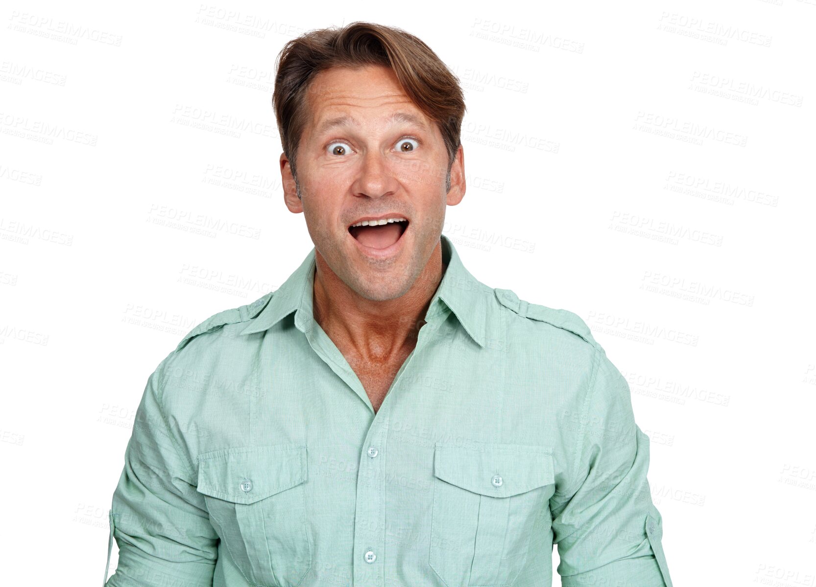 Buy stock photo Wow, surprise or portrait of man in shock with a omg, wow or wtf facial expression shocked by announcement. Smile or happy mature person amazed by good news isolated on transparent png background 