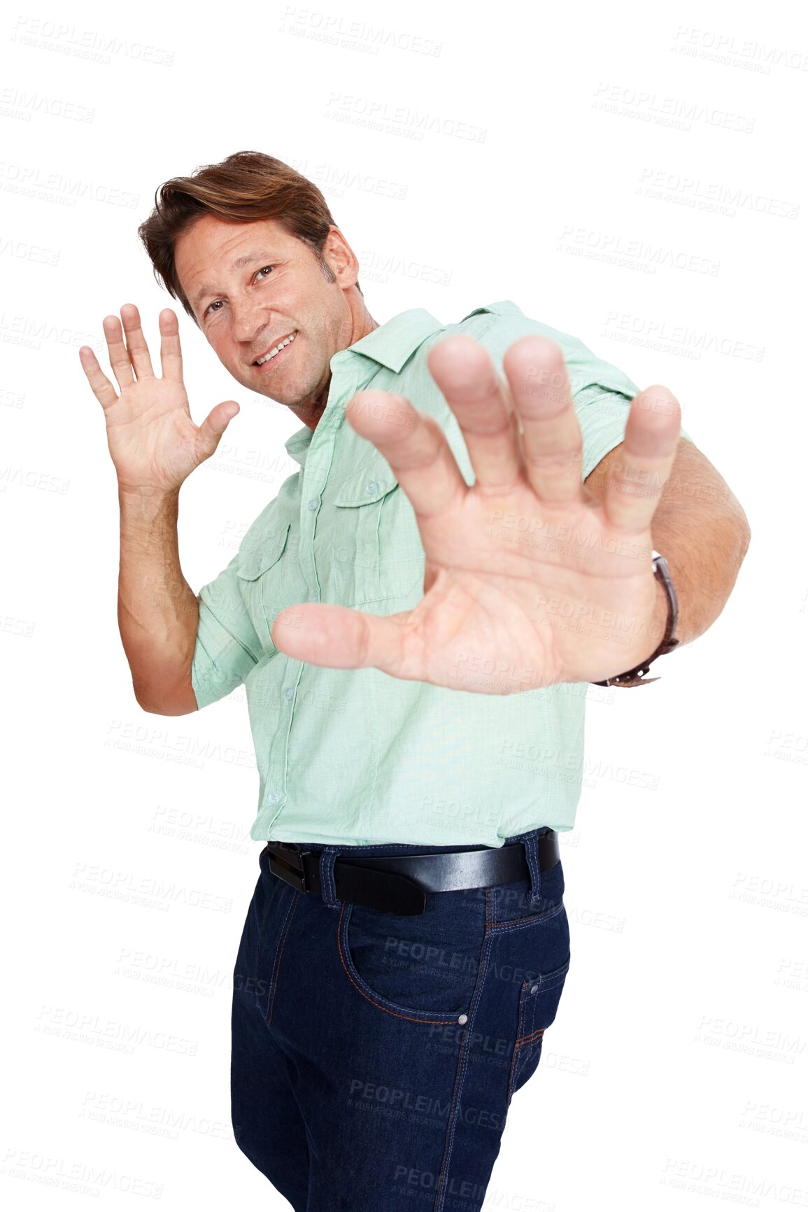 Buy stock photo Scared, portrait or businessman with stop hand sign, no or worried by violence, corruption crime or bribery. Fear or mature worker showing hand gesture refusing an answer or fraud on png background