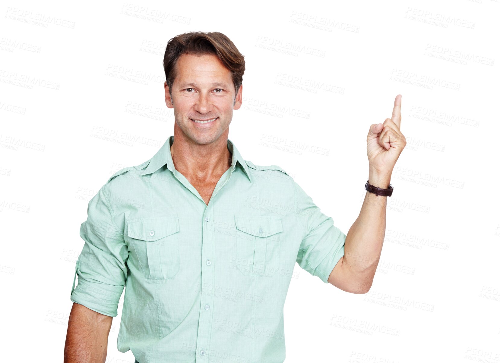 Buy stock photo Mature man, portrait or hand pointing up at marketing or logo advertising on isolated on png background. Smile, transparent or happy male person with finger showing promotion, sales deal or discount