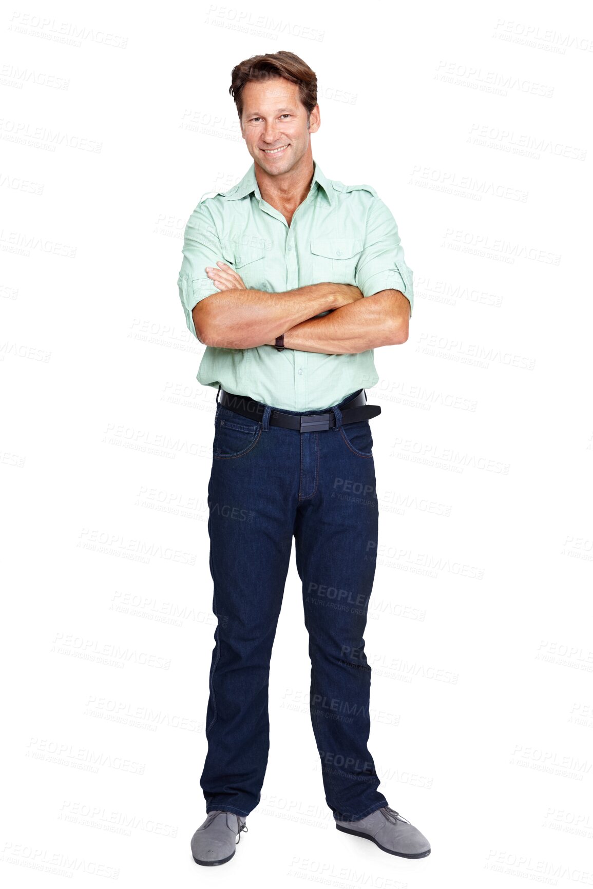 Buy stock photo Portrait, smile and man with arms crossed, mindset and guy isolated against a transparent studio background. 
Face, happy male model and mature person with happiness, goals and target on png backdrop