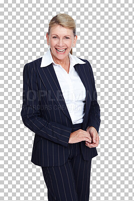 Buy stock photo Portrait, laughing or mature business woman with smile for career success isolated on png background. Proud CEO, happy senior boss or confident female entrepreneur leader smiling at a funny joke 