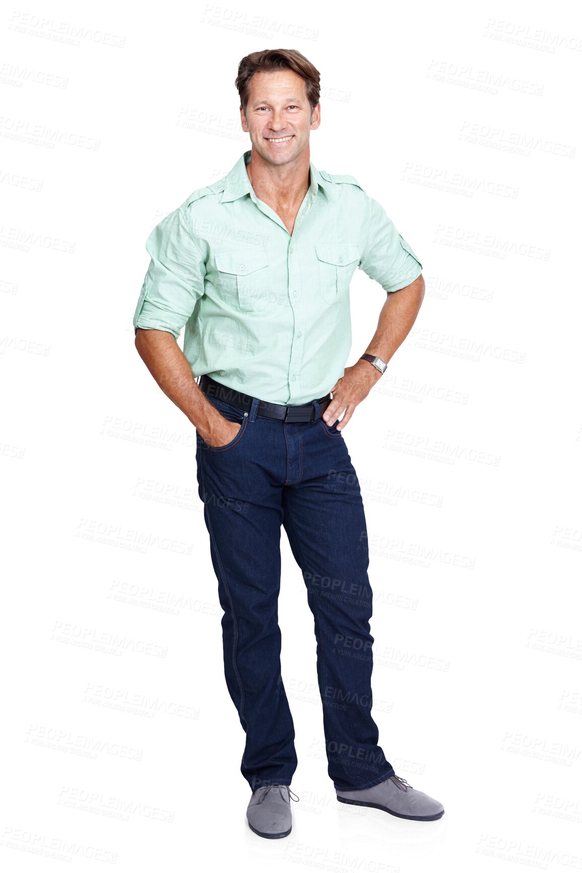 Buy stock photo Portrait, fashion and PNG with a casual man isolated on a transparent background, standing hand in pocket. Smile, style and confidence with a happy mature male posing alone in contemporary clothes