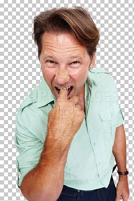 Buy stock photo Portrait, nausea or man with finger in mouth isolated on transparent png background feeling ill or sick. Gross, vomiting or face of unhappy mature person standing in disgust or frustrated by problem