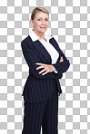 A Senior, business woman and portrait of a executive employee proud about work. vertical mature person with arms crossed in a professional suit with success isolated on a png background