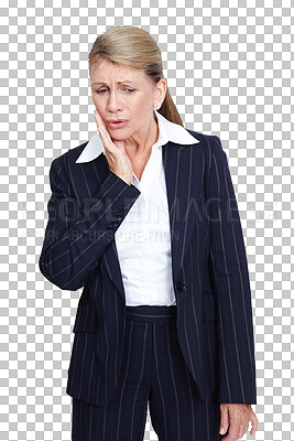 Buy stock photo Toothache, dental pain or business woman with medical emergency, teeth problem or mouth inflammation. Mature, stress or sad worker with gum disease, injury risk or sick isolated on a png background