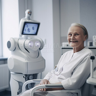 Buy stock photo Dentist, futuristic and portrait of senior woman in clinic for oral hygiene, dental care and orthodontist service. Healthcare, medical technology and ai generated elderly lady for teeth cleaning