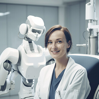 Buy stock photo Portrait, doctor and robot in clinic for future of healthcare with innovation, smile and ai generated. Woman, happy medic or robotic assistant in hospital for automation technology by medical machine