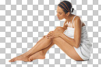 Body, legs and skincare woman in studio for natural beauty, aesthetic or cosmetics promotion on mockup. Model with skin care, dermatology and luxury spa check epilation or hair removal results isolated on a png background