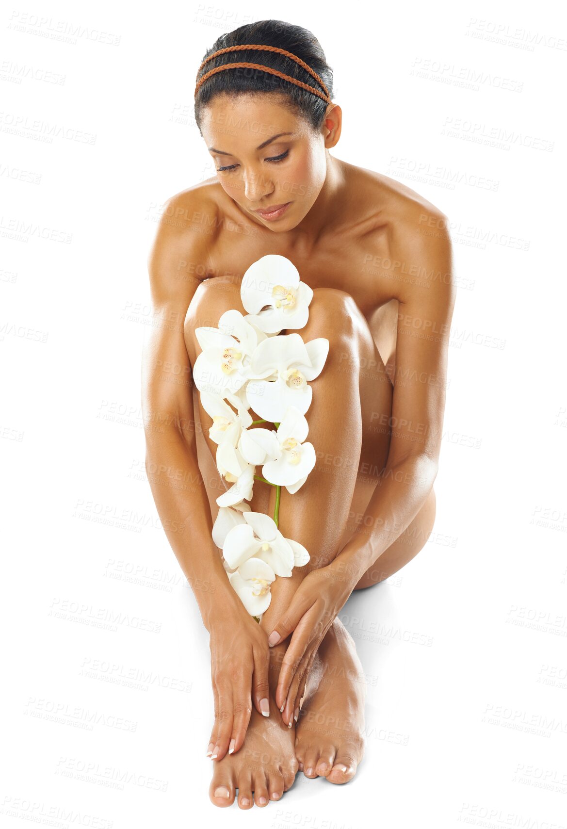 Buy stock photo Natural beauty, orchid and legs of woman for skincare isolated on transparent png background. Pedicure, wellness and flowers for sustainable cosmetics, aesthetic salon and laser hair removal results