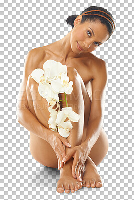 Buy stock photo Woman, legs and skincare flowers isolated on a transparent, png background in portrait for luxury, soft and natural beauty. Floral and biracial person or model on floor with body care and dermatology