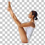 Stretching legs, yoga and woman with fitness training for balance, exercise and workout. Pilates, performance and athlete doing wellness sport for calm body and faith isolated on a png background