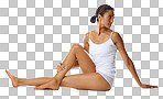 Woman, skincare and legs with feet and body in beauty, laser hair removal and epilation with pedicure isolated on a png background. Cosmetic care, wellness and skin glow, female in underwear and dermatology